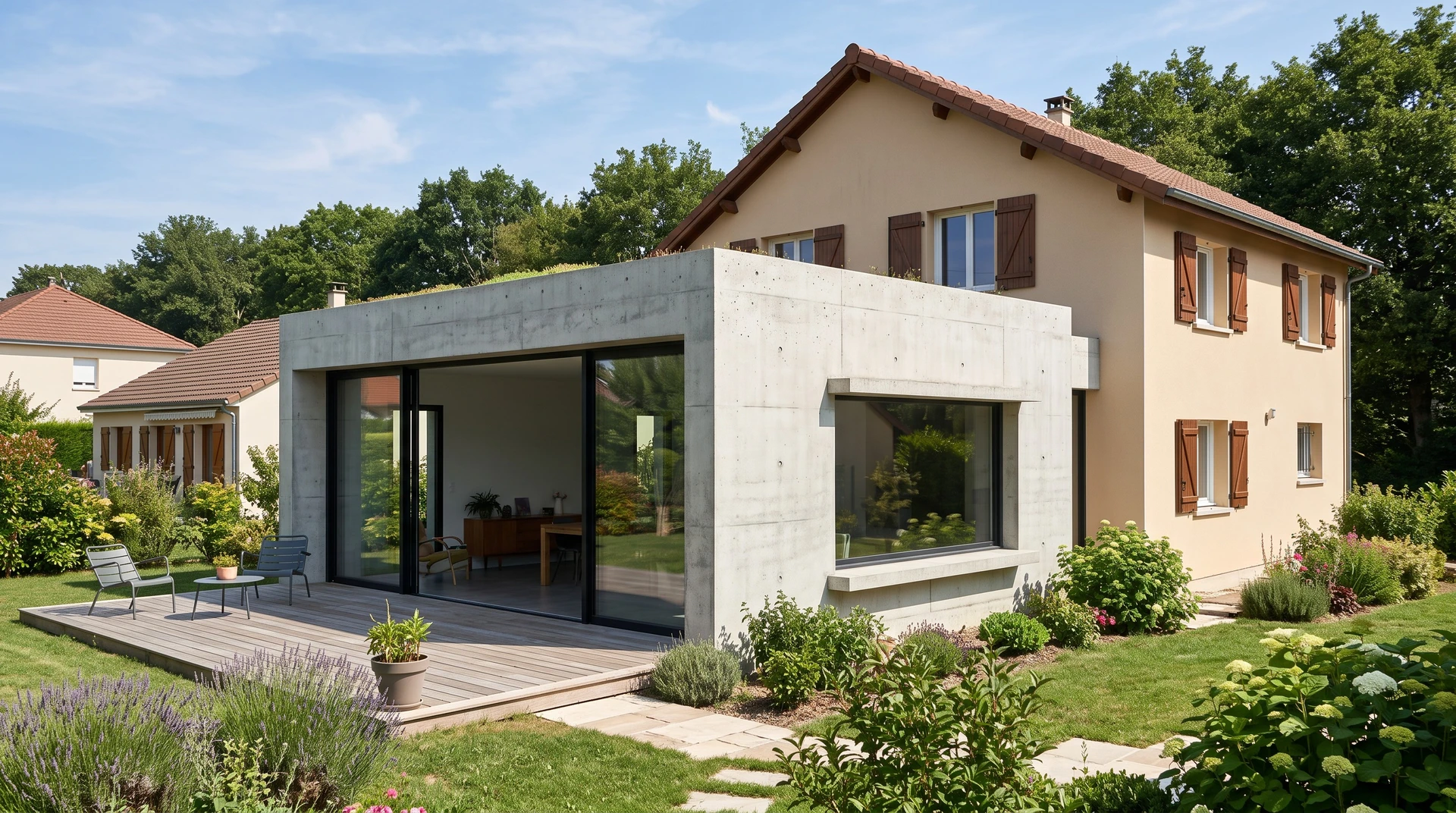 Extension de maison en construction avec murs en blocs de béton, toiture neuve en tuiles grises, échafaudage temporaire